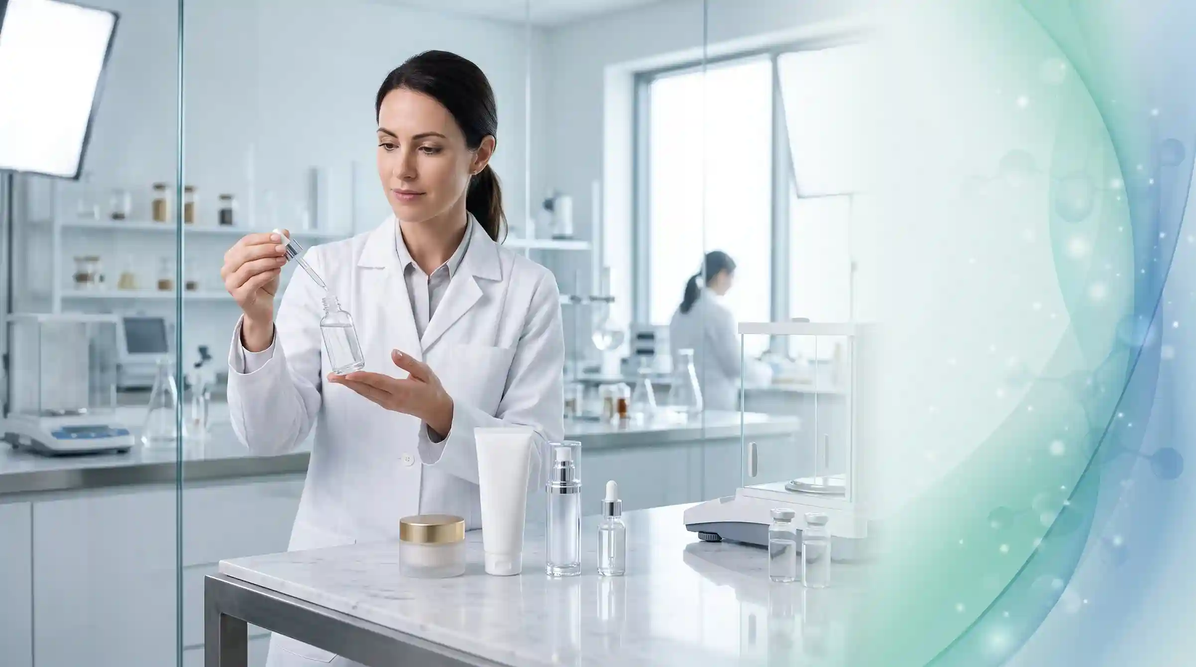 Suasana laboratorium R&D manufaktur maklon skincare ASIASKINLAB dengan tim ahli dan kemasan produk kosmetik premium.